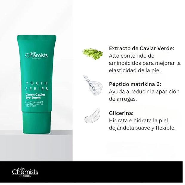 Skin Chemists Anti-Aging Eye Serum, 15ml - Green Caviar Extract & Matrikine Peptide 6 for Under Eye Wrinkle Reduction, Hyd...
