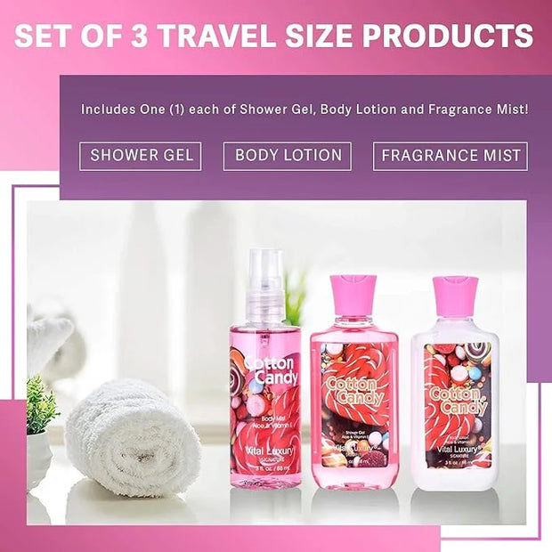 Cotton Candy Bath & Body Care Travel Set, Home Spa Gift Set Includes Body Lotion, Shower Gel, and Fragrance Mist, Personal...