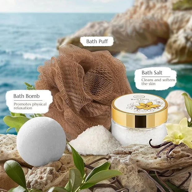 Bath and Body Warm Vanilla Sugar Spa Gifts for Women, with Shower Gel, Bubble Bath, Body Lotion, Bath Bomb, Bath Salt, Spa...