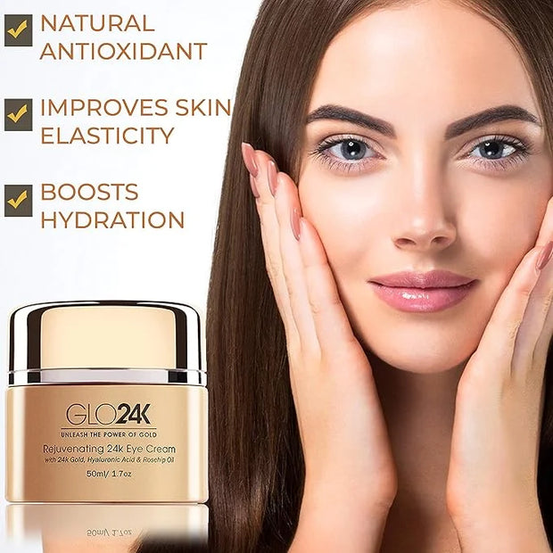 GLO24K Eye Cream with 24k Gold, Hyaluronic Acid, Rosehip Oil, and Vitamins. Minimizes wrinkles and fine-lines around the e...