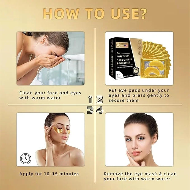 Golden Eye Mask 20 (pair), Collagen Eye Mask with Sodium Hyaluronate for Dark Circles, Bags, Wrinkles and Puffiness Eye Ge...