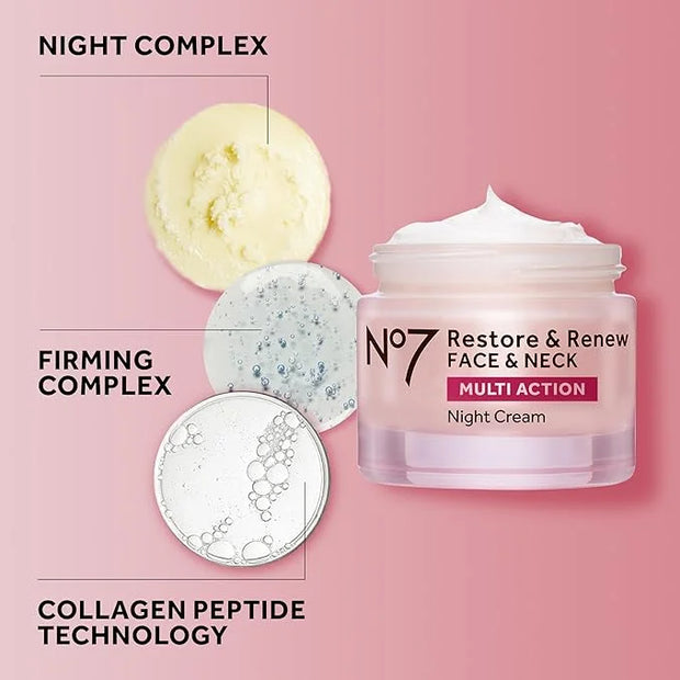No7 Restore & Renew Multi Action Face & Neck Cream - Nighttime Collagen Peptide Facial Moisturizer - Anti Aging Face Cream...