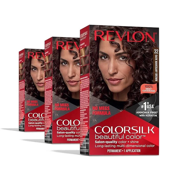 Revlon Colorsilk Beautiful Color Permanent Hair Color, (OLD VERSION) 32 Dark Mahogany Brown (Pack of 3) - Product Image