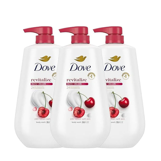 Dove Body Wash with Pump 3 Count Revitalizante Cherry & Chia Milk, for Renewed, Healthy Looking Skin,Moisturizing Gentle S...