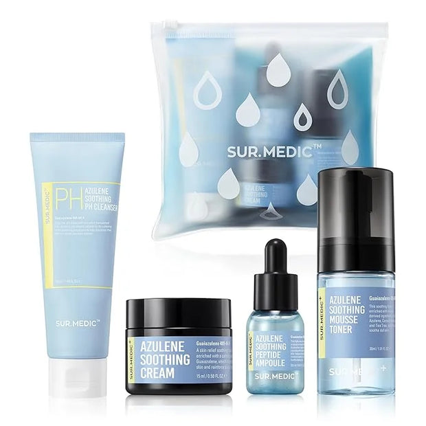 SURMEDIC AZULENE Soothing Trial Kit, Korean Skincare, Airplane-Friendly Travel Size Mini Set, Facitl Kit Gift for Women wi...