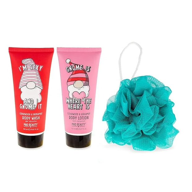 MAD BEAUTY Gnome Matter What Body Trio, 3-in-1 Bath Kit: Body Wash, Body Lotion, & Exfoliating Loofah, Refreshing Cedarwoo...