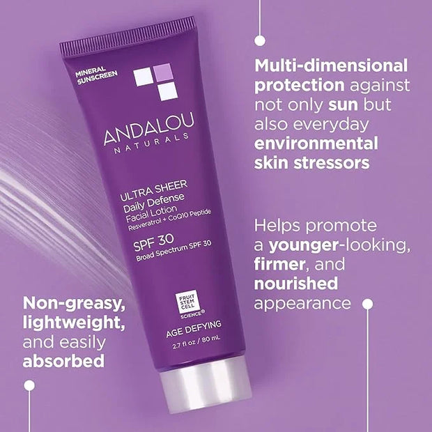 Andalou Naturals Age Defying Face Sunscreen, SPF 30 Zinc Oxide Mineral Sunscreen, Ultra Sheer Daily Defense Face Lotion, H...