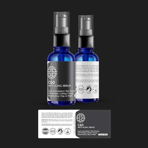 C60 Anti-Aging Face Serum 30ml with Hyaluronic Acid, Plant Stem Cells, Peptides, Vitamins B + C & Anti Aging Wrinkle Compl...