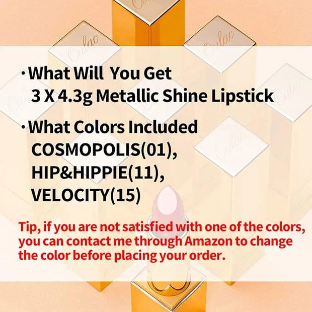 Oulac Metallic Pink Lipstick Set 3PCS High Impact Lipcolor with Moisturizing Formula, Vegan Beauty, Full-Coverage Lip Colo...