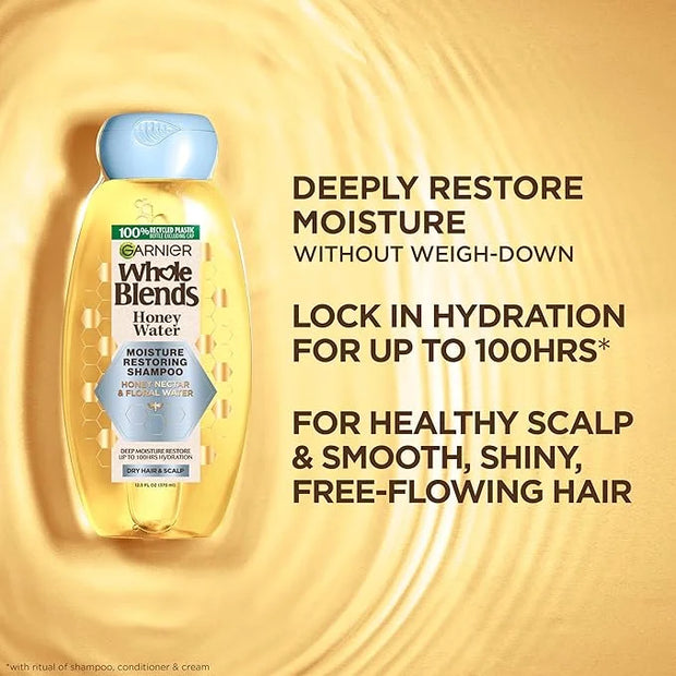 Garnier Whole Blends Honey Water Moisture Restoring Shampoo, Hair Care for Dry Hair and Dry Scalp with Honey Nectar and Fl...