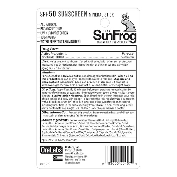 Royal SunFrog | All Natural SPF-50 Sunscreen Mineral Stick | 100% Vegan, Broad Spectrum UVA + UVB, Roll On Sunscreen Stick...