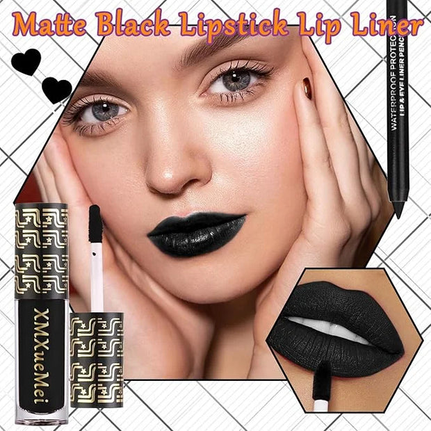 Black Velvet Matte Liquid Lipstick and Lip Liner Set - Smudge-proof, Long-lasting, Waterproof Black Lip Gloss Stain and Li...