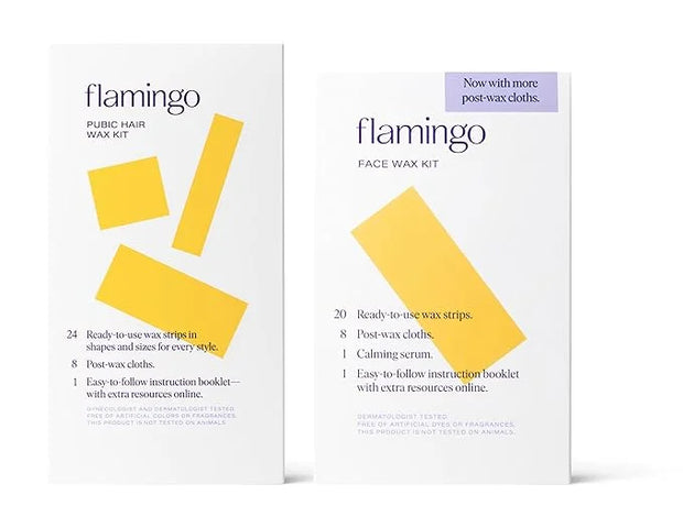 Flamingo Face & Pubic Wax Kit - 44 Wax Strips, 16 Post-Wax Cloths, and Calming Serum - Easy At-Home Hair Removal - Product...
