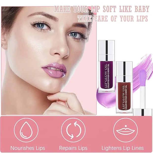 2 Colors Hydrating Plumping Lip Glow Oil,Moisturizing Lip Oil Gloss Transparent Glossy Lip Gloss Primer Lip Tint for Lip C...