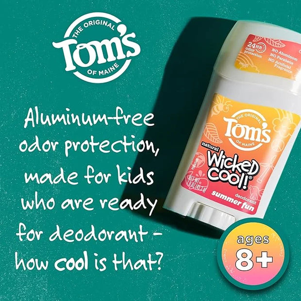 Tom's of Maine Aluminum-Free Wicked Cool! Natural Deodorant for Kids, Summer Fun, 1.6 oz. (Pack of 3) (Packaging May Vary)...