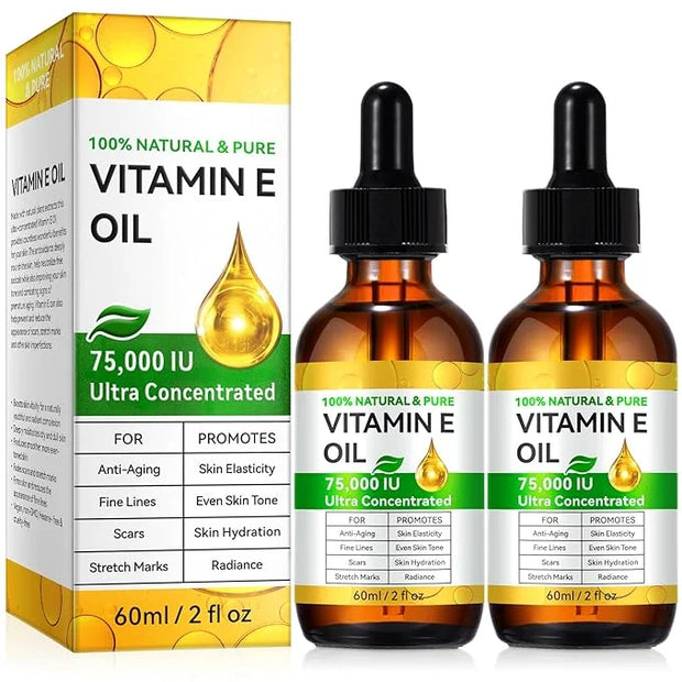 2PCS Natural Vitamin E Oil for Skin, 75,000 IU Ultra Concentrated Vitamin E Oil for Face, Hair and Scars, Moisturizing Dry...