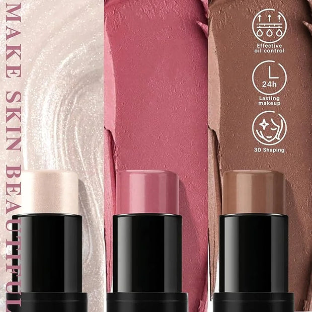 3 Pcs Cream Blush Contour Highlighter Stick for Cheeks Eyes Lips Lightweight Dewy Finish Blush Stick Waterproof Long Lasti...