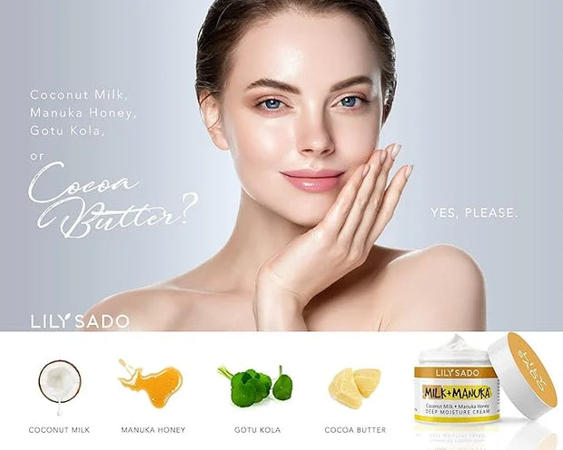 LILY SADO MILK+MANUKA™ Coconut Milk and Manuka Honey Natural Face Moisturizer - Non Greasy Organic Facial Cream with Cocoa...