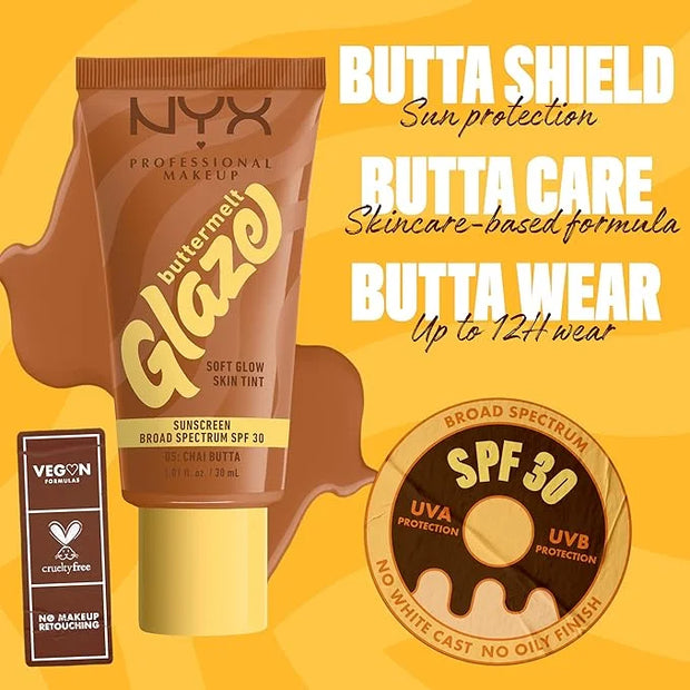 NYX PROFESSIONAL MAKEUP Buttermelt Glaze Soft Glow Skin Tint + SPF 30, Up To 12HR Wear, 05 Chai Butta - Product Image