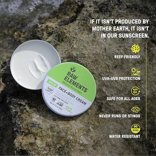 Raw Elements Face and Body Mineral Sunscreen SPF 30 Tin, Organic Sunblock Daily Protection, Non Toxic Reef Safe, Water Res...