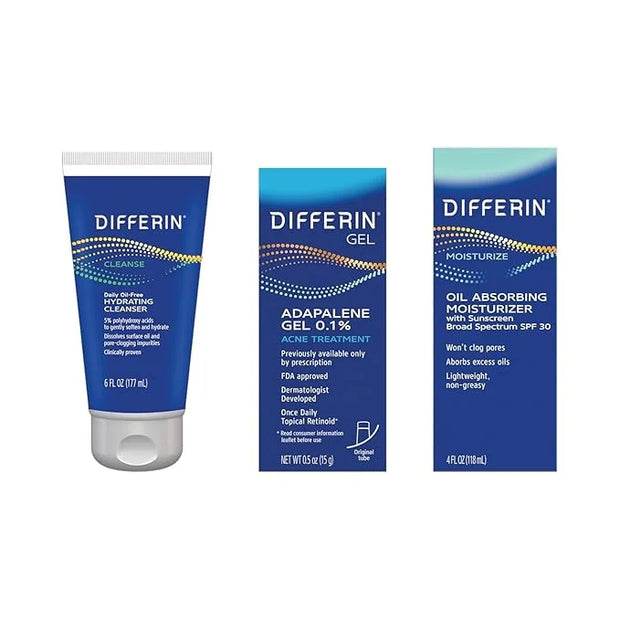 Differin Skincare Kit with Acne Treatments for Face, 3-Step Regimen with Daily Oil-Free Hydrating Face Wash, Differin Adap...