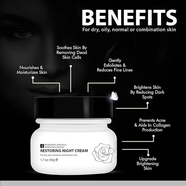 Restoring Night Cream for Face, Anti-Aging Moisturizer with Hydro-Rich Essence. Skin-renewing face cream for a hydrated, y...