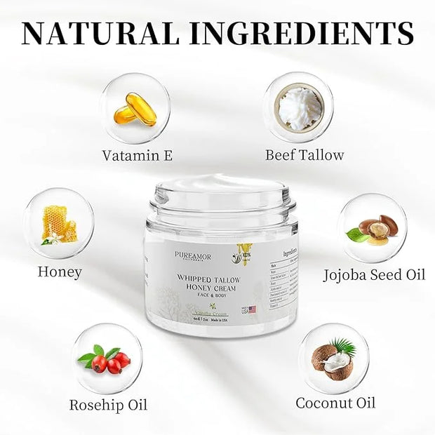Grass-Fed Beef Tallow for Skin Made in USA, Absorbent, Soothing Tallow and Honey Balm, Smoother Beef Tallow for Face, Whip...