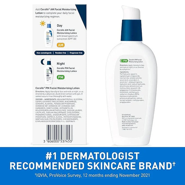 CeraVe PM Facial Moisturizing Lotion, Night Cream with Hyaluronic Acid and Niacinamide, Ultra-Lightweight, Oil-Free Moistu...