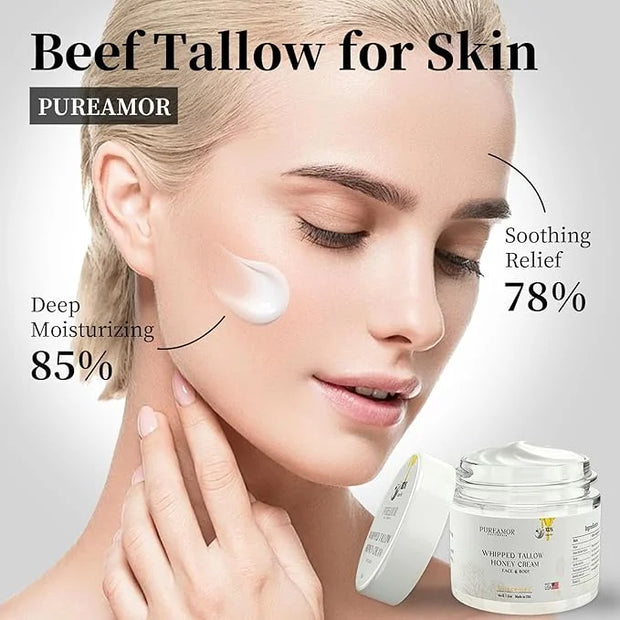 Beef Tallow for Skin Made in USA, Grass-Fed Beef Tallow for Face, Quick Absorbing, Hydrating Tallow Face Moisturizer, Whip...
