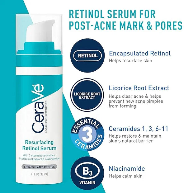 CeraVe Acne Skin Care Set, 5oz Acne Foaming Cream Cleanser + 1oz Resurfacing Retinol Serum + 2oz AM Facial Moisturizing Lo...