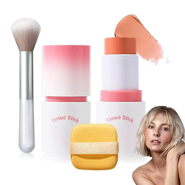 Cream Blush Stick with Brush and Makeup Sponge,Waterproof Multi Cream Makeup Stick,Lightweight,Long-lasting,2 in 1 Multi B...