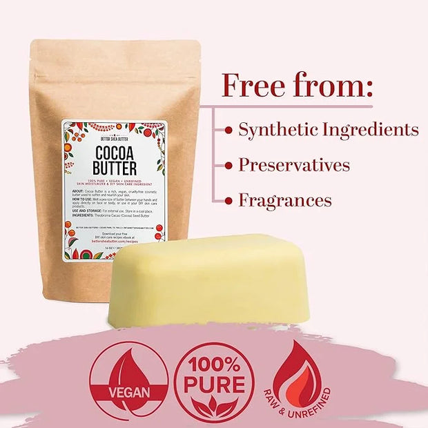 Better Shea Butter Raw Cocoa Butter - Unrefined, 100% Pure, Food Grade - Use for Cocoa Lip Balm, Stretch Marks Cream, Caca...