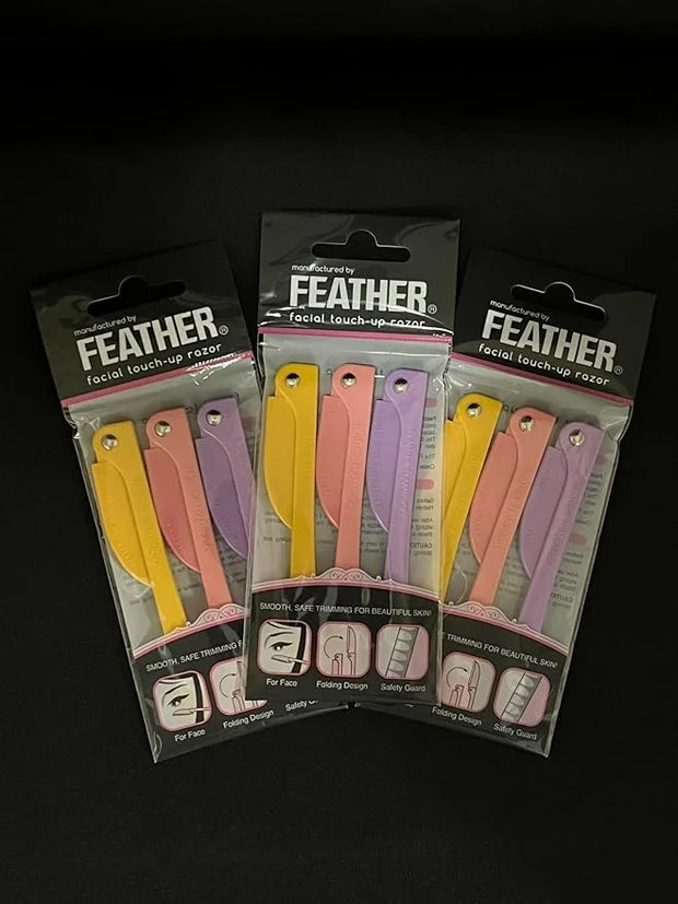 Feather Flamingo Facial Touch Up Stainless Steel Razor for Eyebrow and Face Hair Removal - 3 Pack | Foldable and Long-Last...