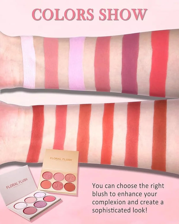 Matte Face Blush Palette with Brush-6 Colors Pink Purple Silky Mineral Blendable Blusher Contour Powder for Cheeks,Longlas...