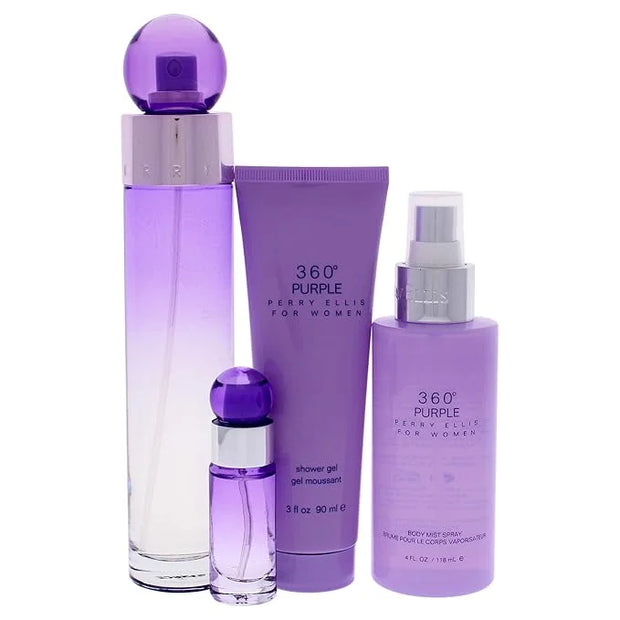 Perry Ellis 360 Purple Women 3.4oz EDP Spray, 7.5ml EDP Mini Spray, 4oz Body Mist, 3oz Shower Gel 4 Pc Gift Set - Product ...
