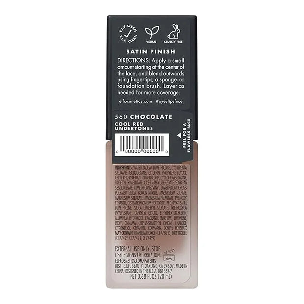 e.l.f. Flawless Satin Foundation, Lightweight & Medium Coverage, Semi-Matte Finish, Vegan & Cruelty-Free, Chocolate, 0.68 ...