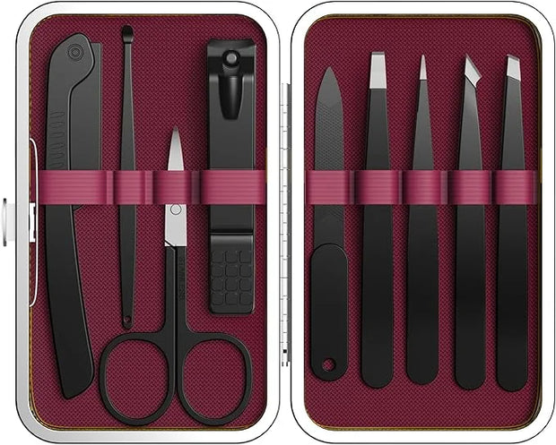 Yougai 9 Pcs Tweezers and Nail Clippers Set for Women Facial Hair with Travel Case, Professional Stainless Steel Eyebrow T...