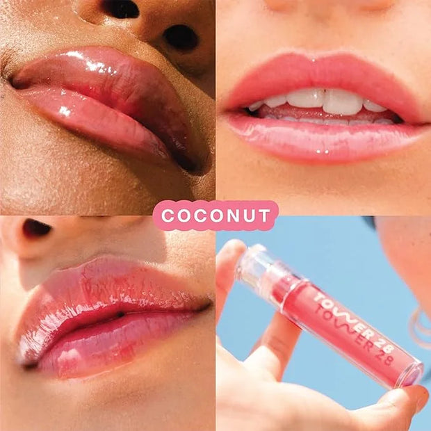 Tower 28 ShineOn Milky Lip Jelly, COCONUT, Non-Sticky, Hydrating Vegan Lip Gloss in Milky Rosy Pink, Apricot and Raspberry...