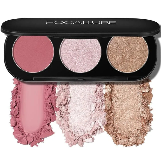 FOCALLURE Blush and Highlighter Palette,3 in 1 Makeup Powder, Cruelty-Free Matte, Shimmer Illuminator for a Glowing Look,#...