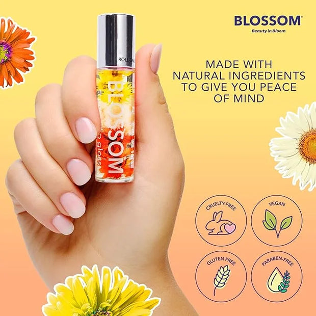 Blossom Roll on Lip Gloss, Scented Clear High Shine Moisturizing Lip Oil, Non Sticky, Infused with Real Flowers, Made in U...