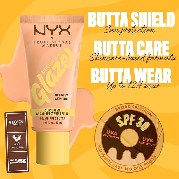 NYX PROFESSIONAL MAKEUP Buttermelt Glaze Soft Glow Skin Tint with SPF 30, Up To 12HR Wear, 01 Whipped Butta - Product Image