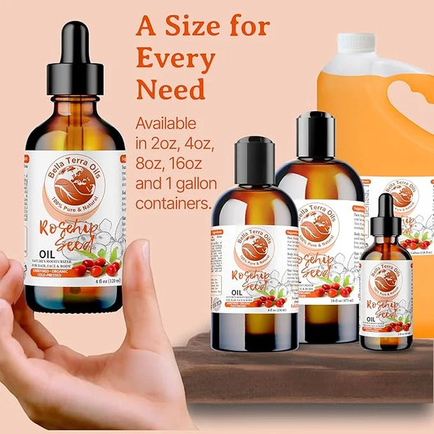 Bella Terra Oils Organic Rosehip Oil for Face, Pure Cold-Pressed Rose Hip Seed Oil for Skin & Hair, Natural Moisturizer & ...