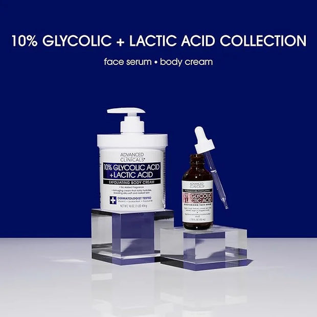Advanced Clinicals 10% Glycolic Acid + Lactic Acid Lotion Exfoliant Moisturizing Cream With Hyaluronic Acid Moisturizer | ...