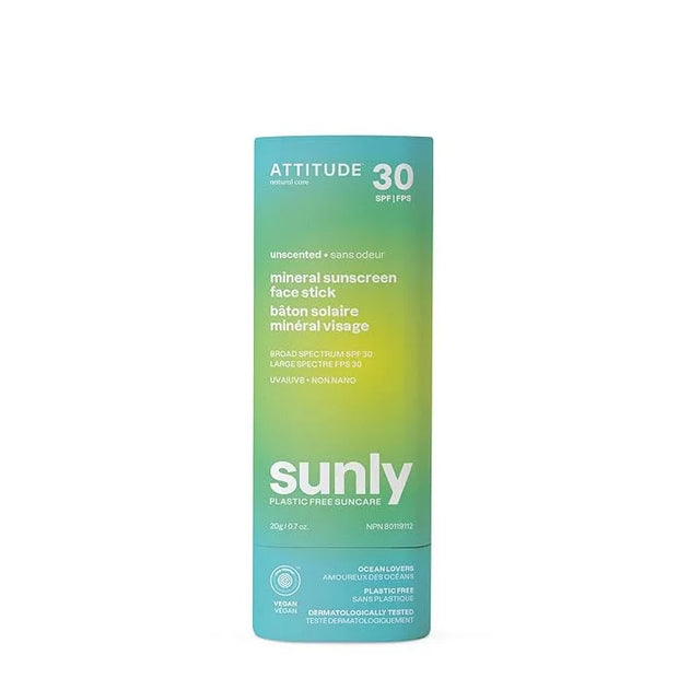ATTITUDE Mineral Face Sunscreen Stick with Zinc Oxide, SPF 30, EWG Verified, Plastic-Free, Broad Spectrum UVA/UVB Protecti...