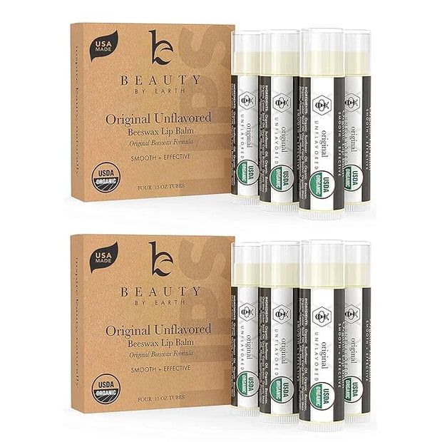 USDA Organic Lip Balm - USA Made with Natural Ingredients, 4 Pack Unflavored Chapstick for Dry Lips, Birthday Gifts for He...