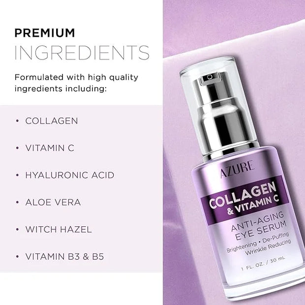 Azure Cosmetics Collagen & Vitamin C Anti Aging Eye Serum - Toning, De-Puffing Serum - Reduces Wrinkles, Fine Lines & Dark...