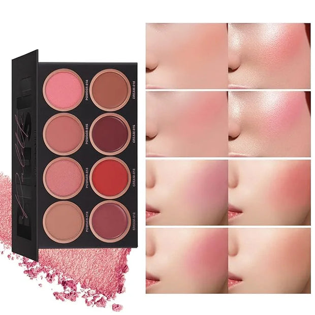 8 Colors Blush Palette, 4 Powder + 4 Cream Blush Palette, Contour and Highlight Blush Palette, Natural Nude Makeup Brighte...