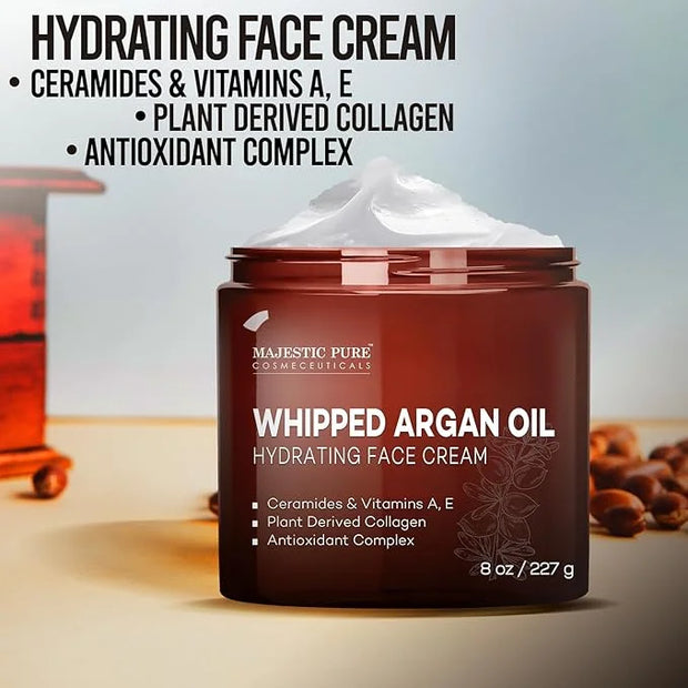 Majestic Pure Whipped Argan Oil Moisturizer Face Cream for Women & Men - With Vitamin E A, Collagen & Ceramides - Hydrates...