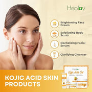 Kojic Acid Skincare Set – Kojic Soap Cleanser, Exfoliating Body Scrub, Face Cream & Brightening Facial Serum – Skin Bright...