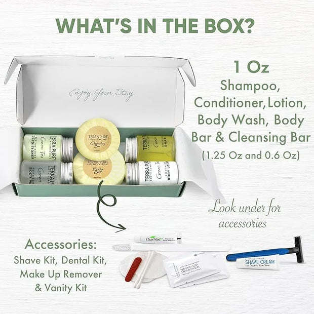 Terra Pure Green Tea Amenity & Accessory Kit | 1 oz Travel Size Shampoo, Conditioner, Lotion, Body Wash, 2 Soap Bars, Shav...